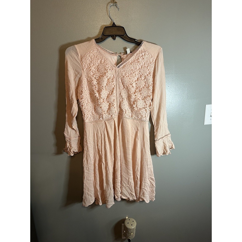 Peach Lace Inset V Neck Long Sleeve Mini Dress Women's